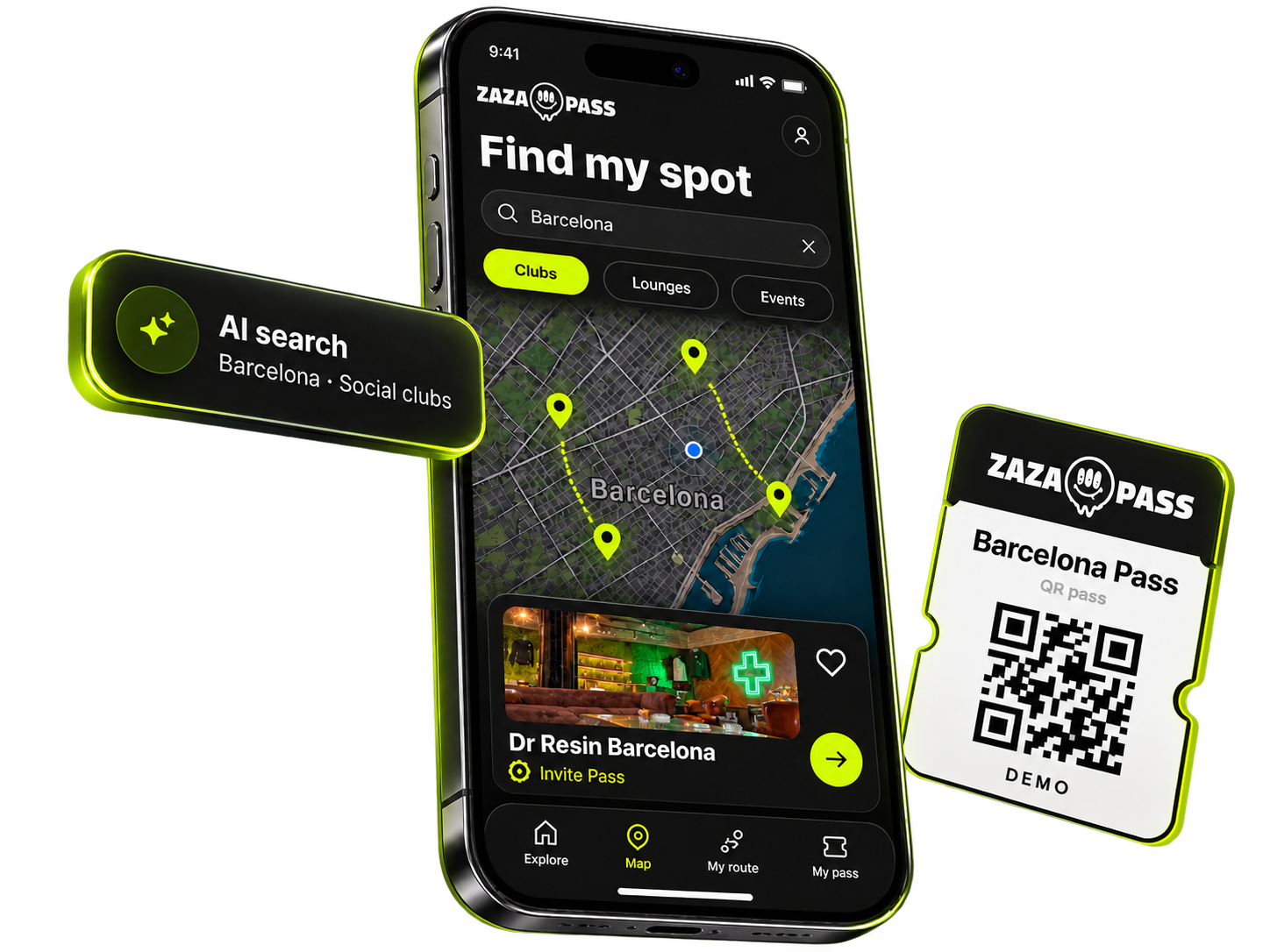 Zazapass smartphone showcase with AI search, a Barcelona map and a demo QR entry pass.
